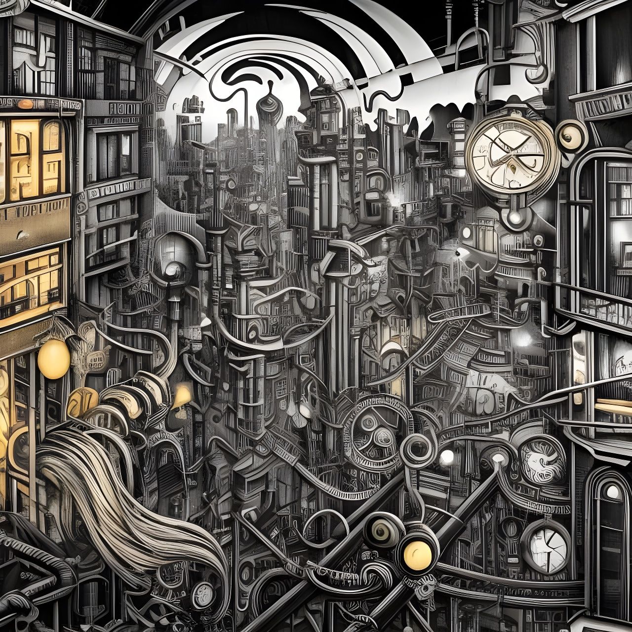Steampunk City with Neon Lights and Surreal Architecture