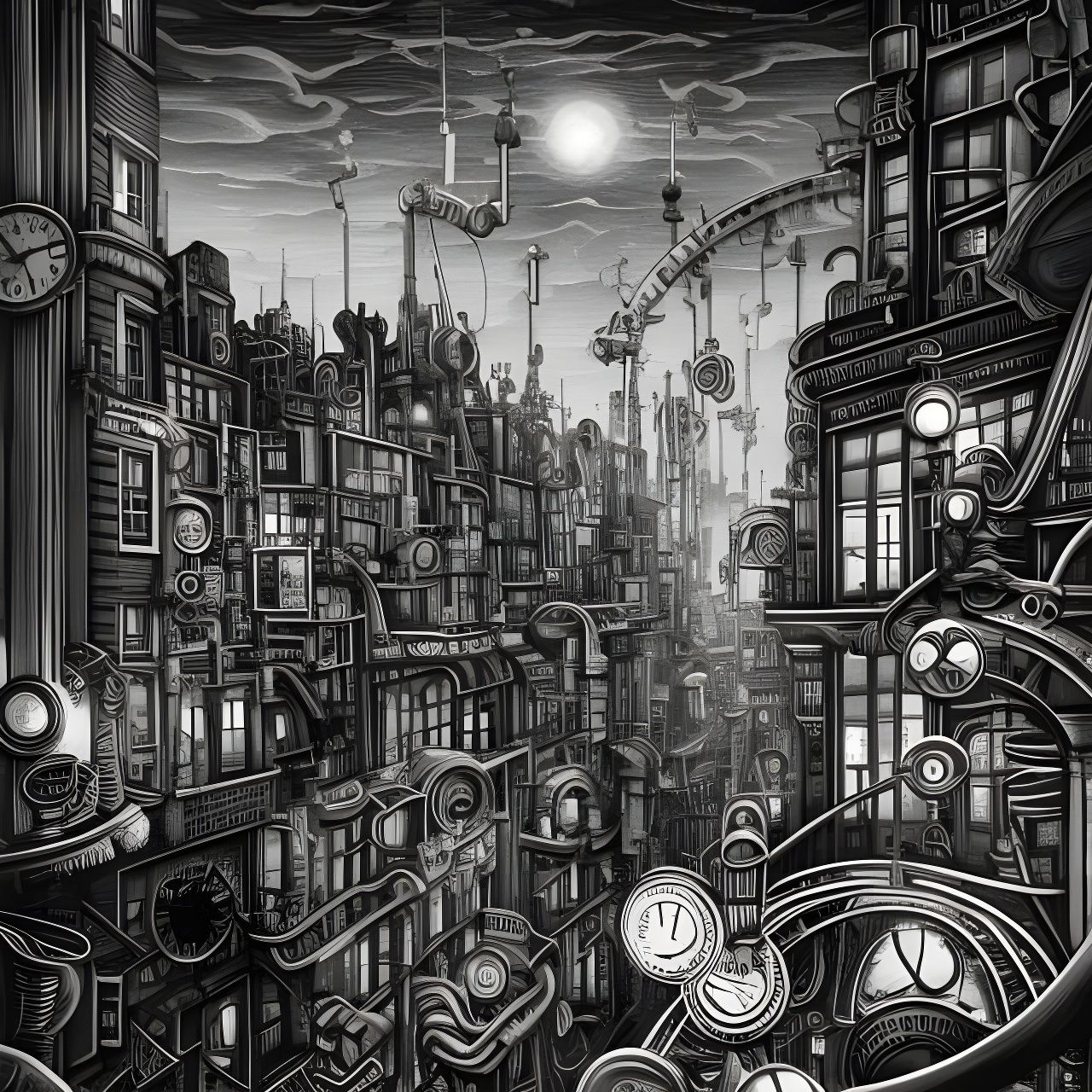 Monochrome Steampunk City in Cyberpunk Style