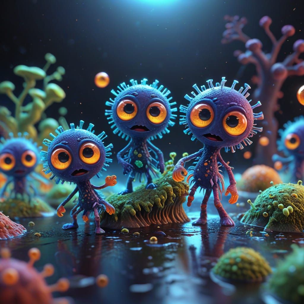 Colorful Cartoon Microbes Dancing on Microscope Slide