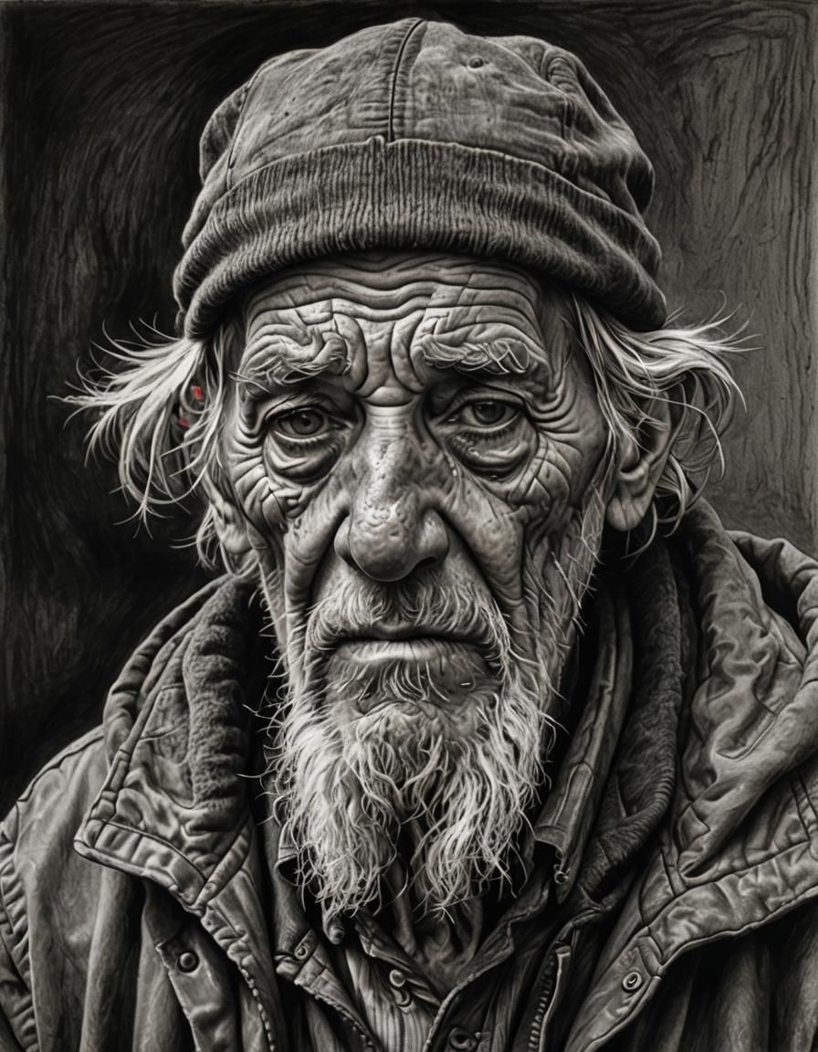 Monochromatic Charcoal Drawing of Elderly Homeless Man