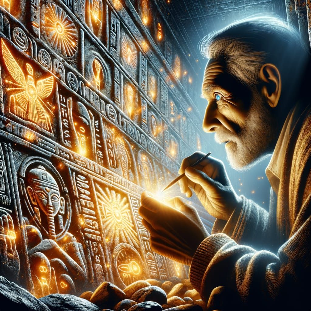 Elderly Treasure Hunter Deciphers Glowing Hieroglyphs