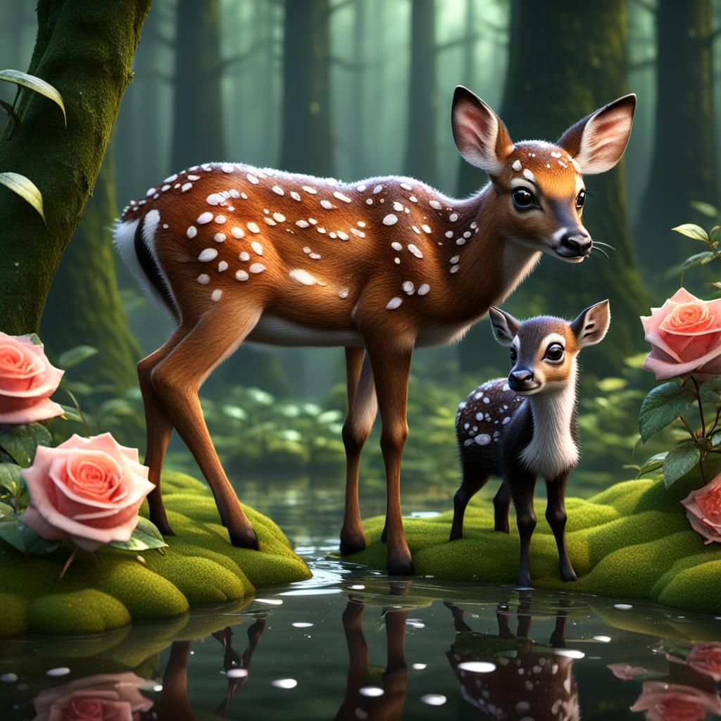 Bambi deer playing with baby skunk ,  dew drops on reflective layer over rose and leafs with dew look that has alkali se...
