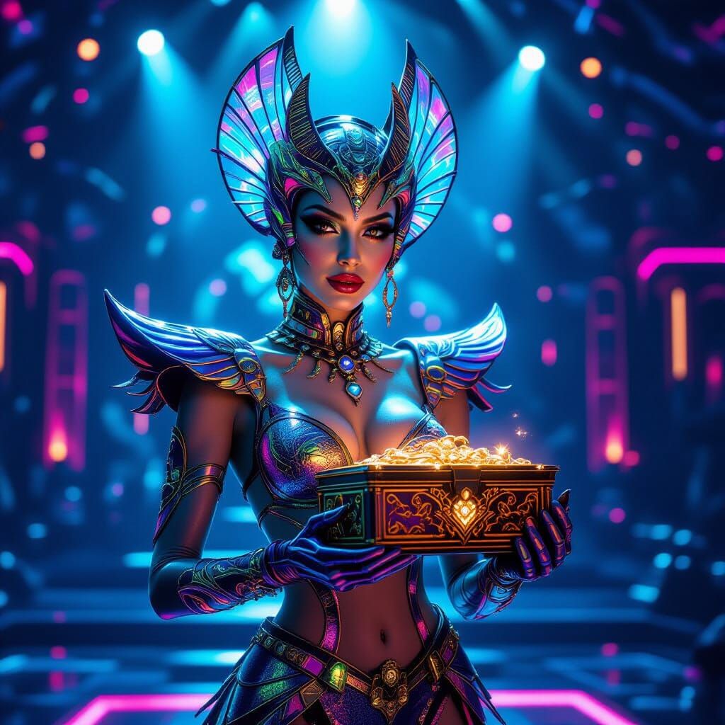 Glamorous Alien Showgirl on Neon Stage in Cyberpunk Style