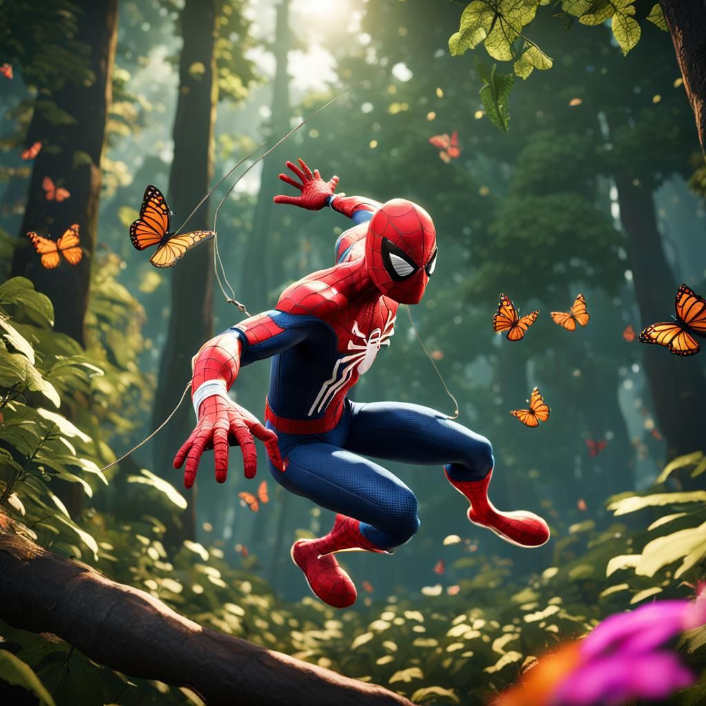 Spider-Man's Joyful Forest Chase in 3D Game Style