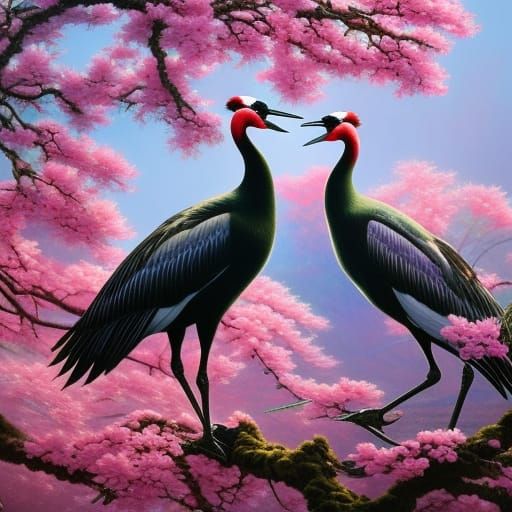 Loving Cranes in Cherry Tree: Oil Painting