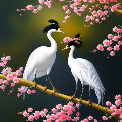 Loving Japanese Cranes on Cherry Tree: Oil Painting
