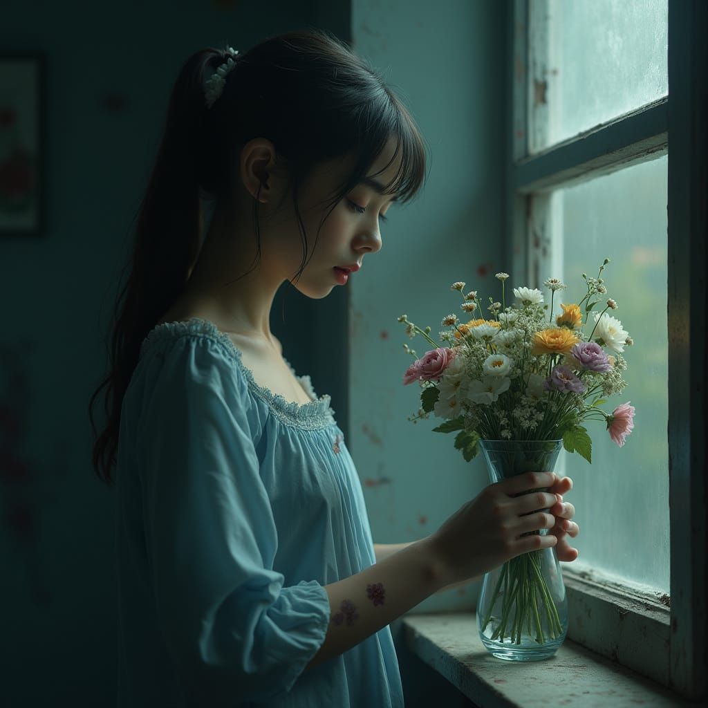 Woman Haunted by Dark Presence Receives Bouquet of Flowers