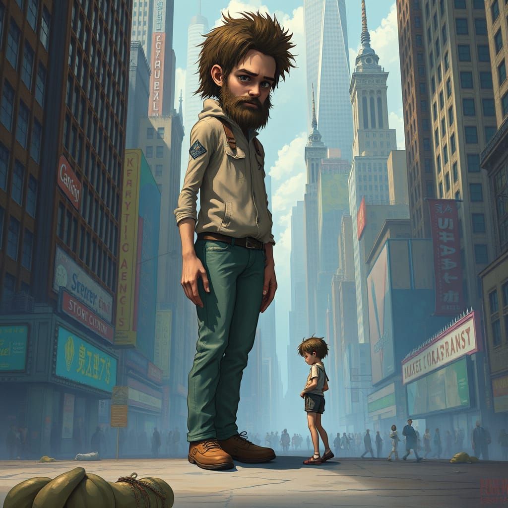 Gigantic and Tiny Humans in Bustling Cityscape