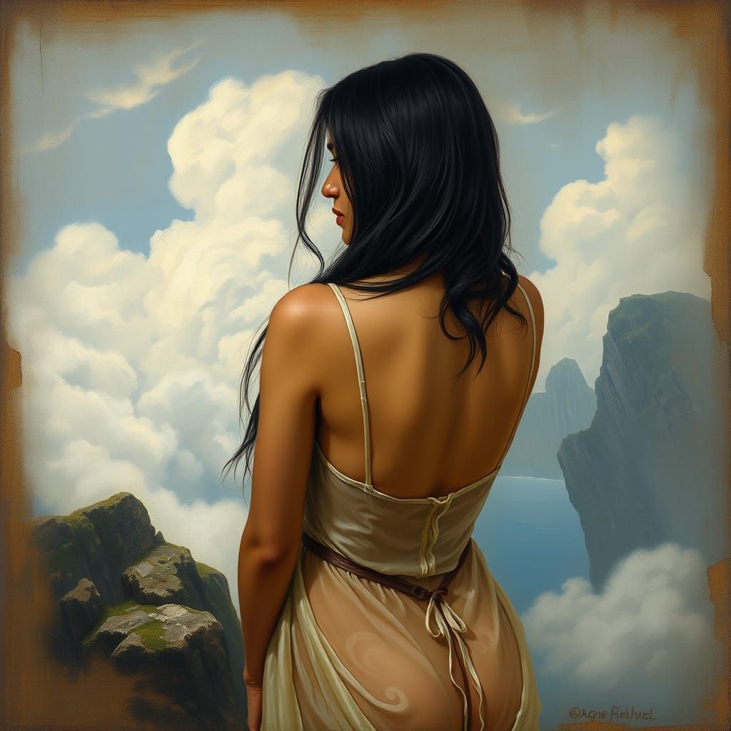 Fjord Landscape with Indian Beauty in 19th Century Style