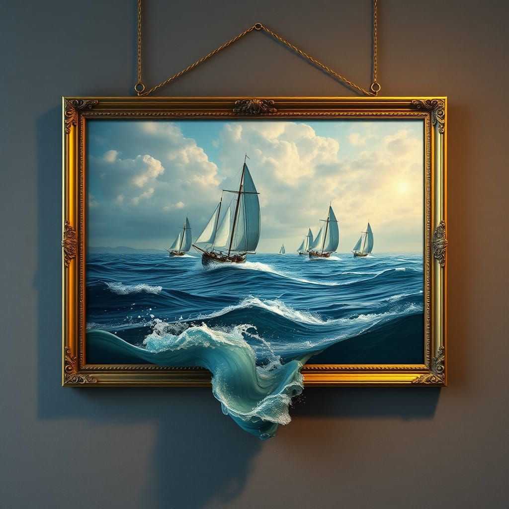 Ethereal Scene: Golden Frame Meets Wondrous Maritime Scene
