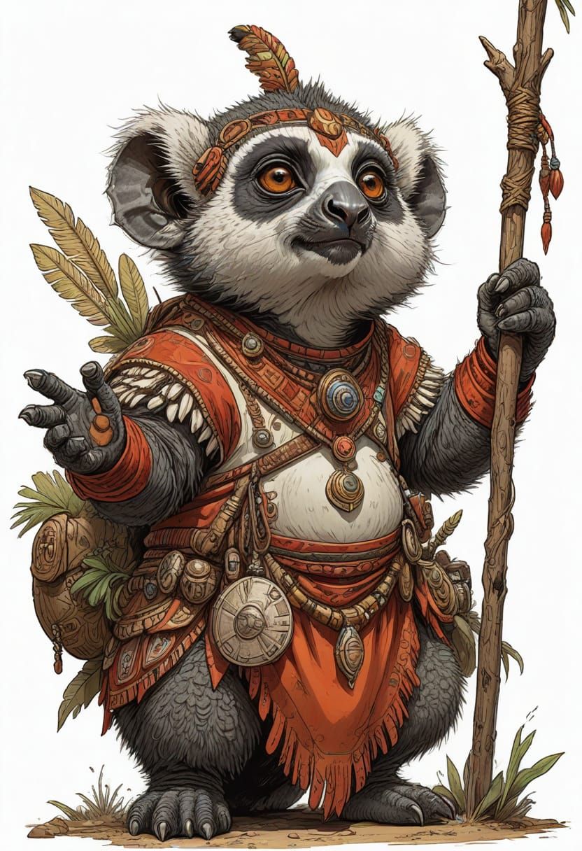 Cute Zulu Lemur Heroic Fantasy Illustration