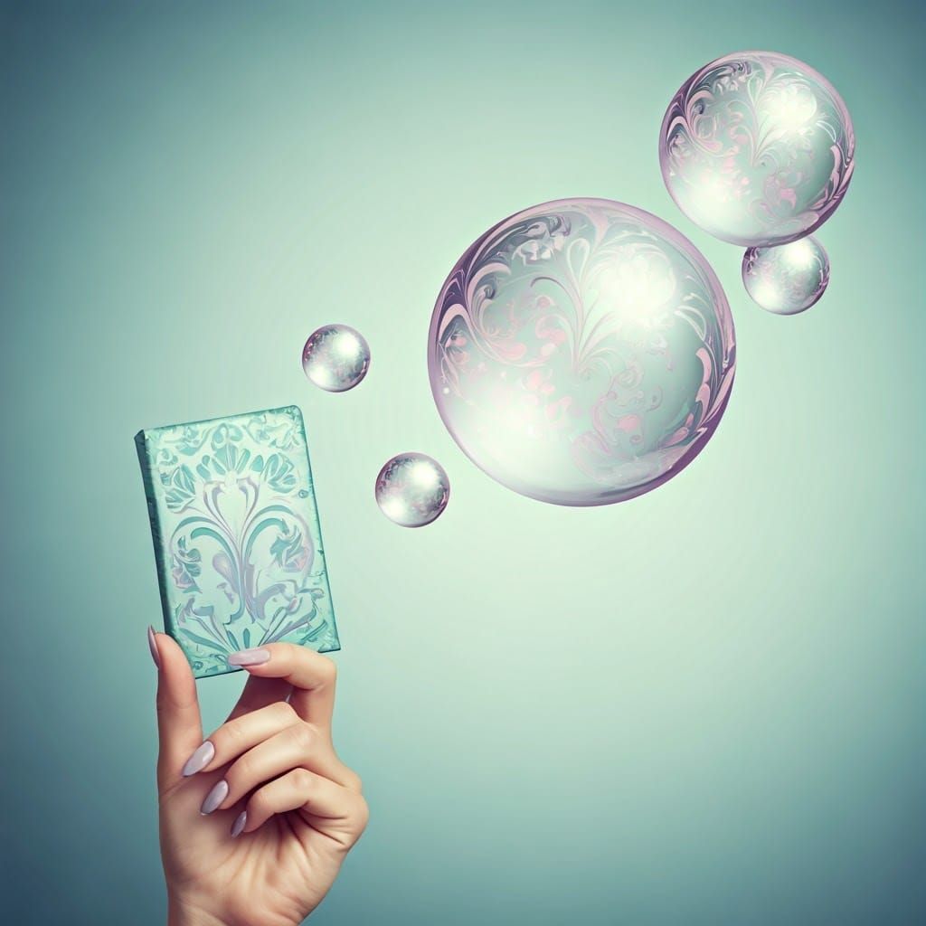 Elegant Woman Blows Whimsical Bubblegum Bubbles with Floral ...