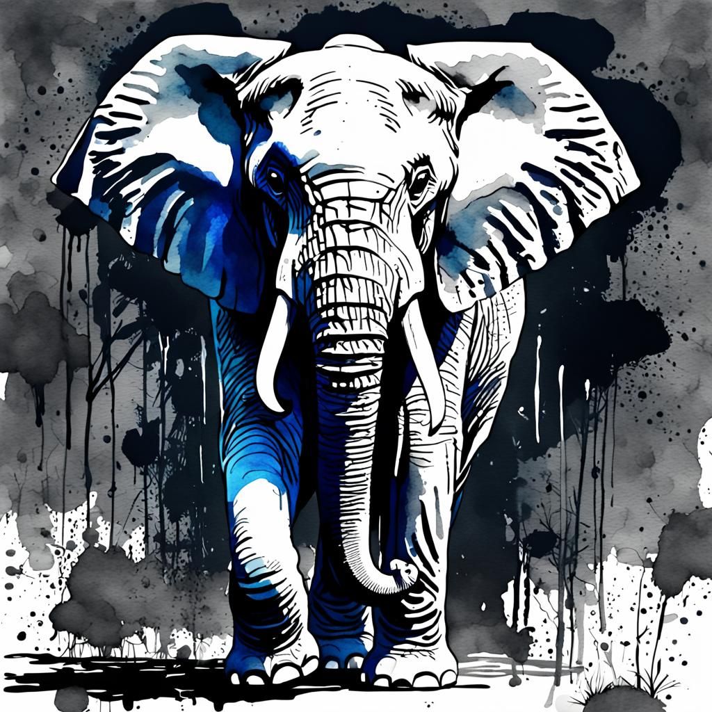 Monochrome Elephant in Watercolor Jungle