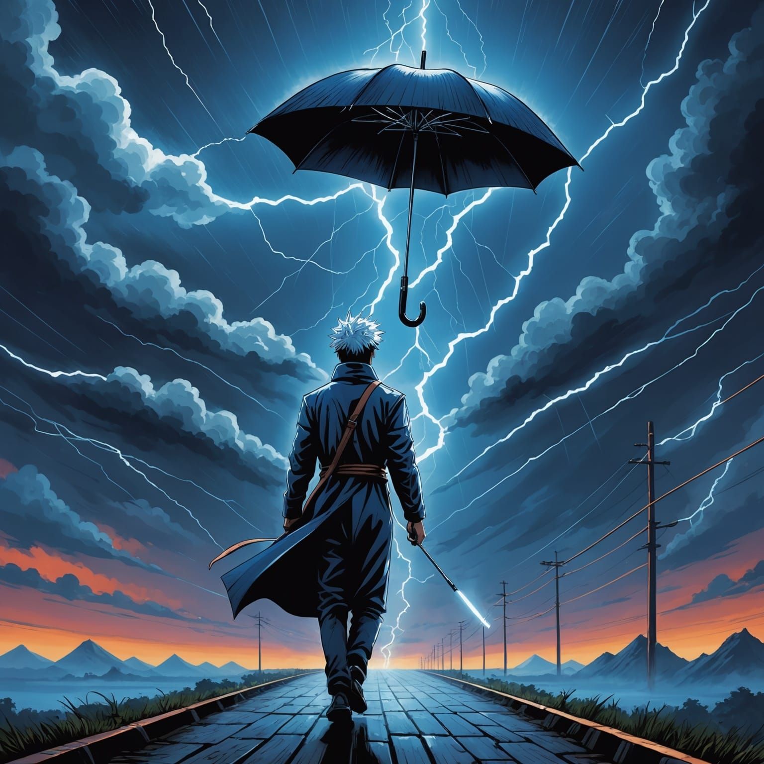 Surreal Man Walks Lightning in Electric Storm