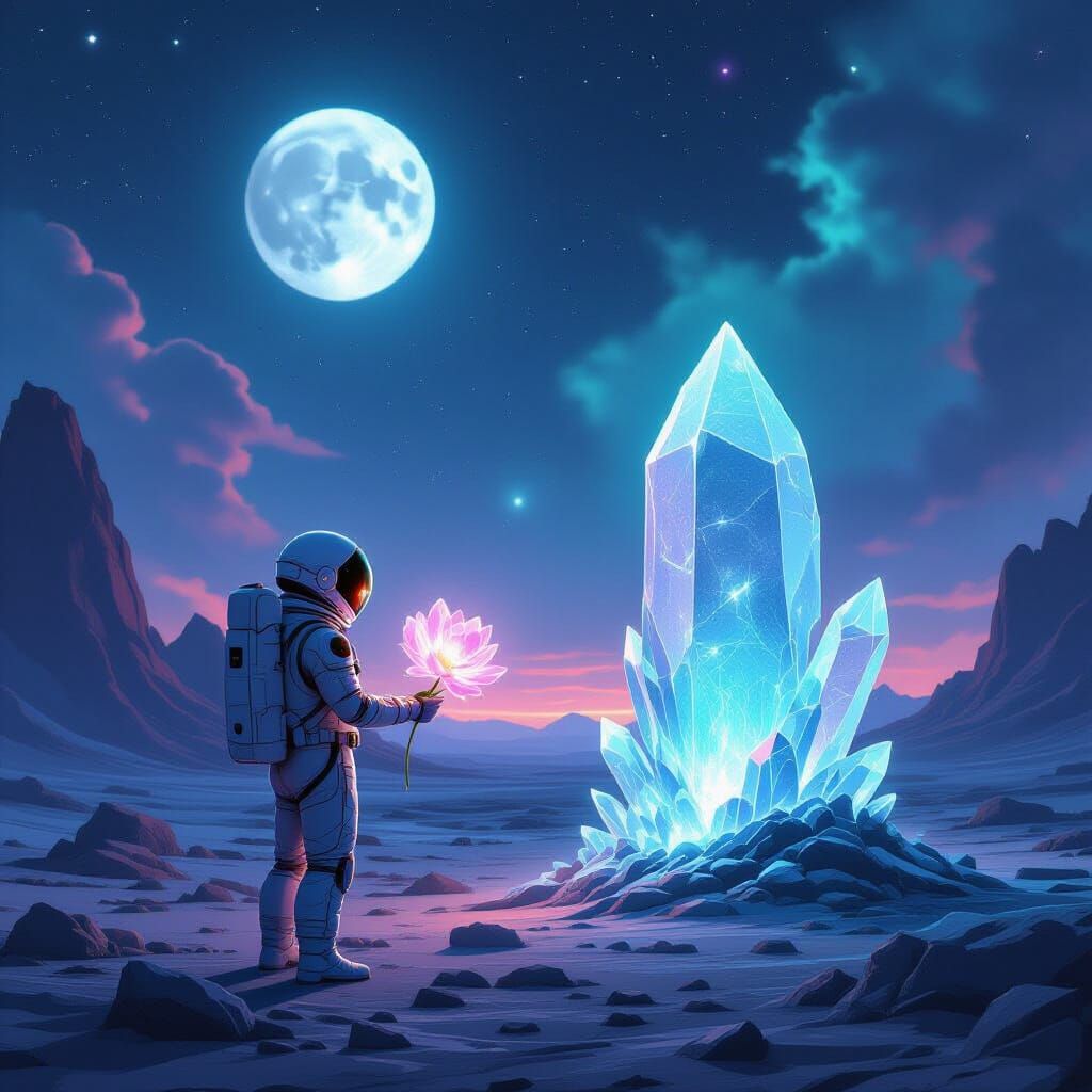 Astronaut Offers Flower to Crystalline Lifeform Under Twin M...