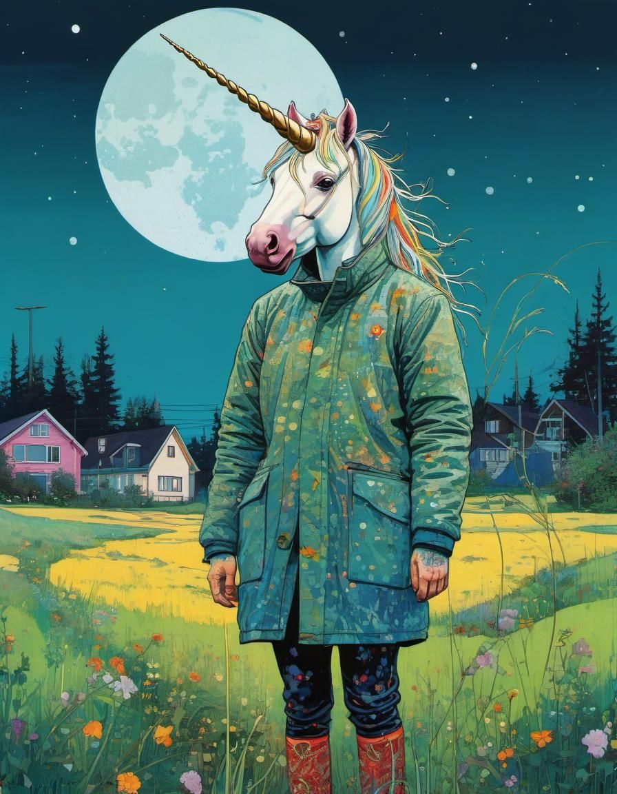 Chibi Unicorn in Cityscape, Post-Impressionist Vector Art