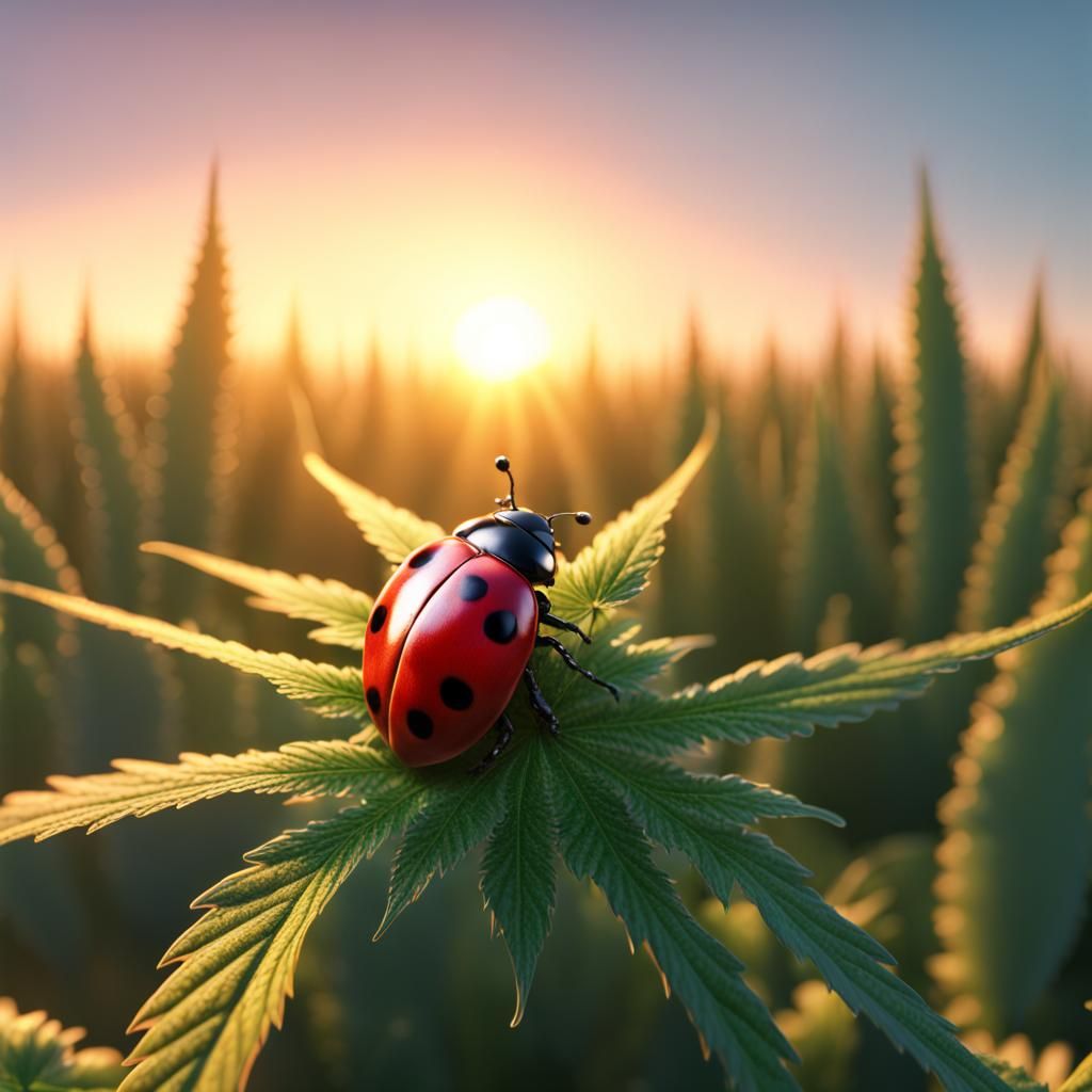 Ladybug Sunbathing on Marijuana Leaf at Sunrise