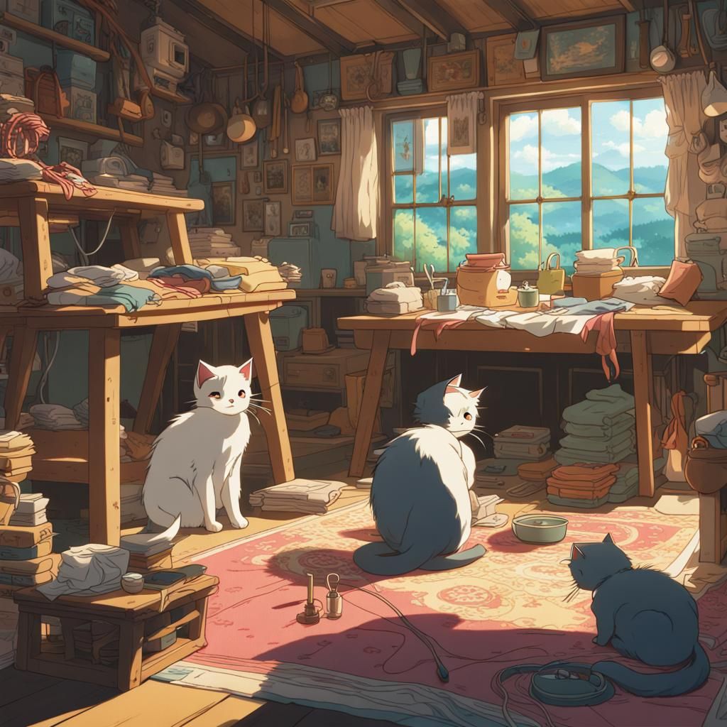 Kittens Sewing Carpets: Studio Ghibli Anime