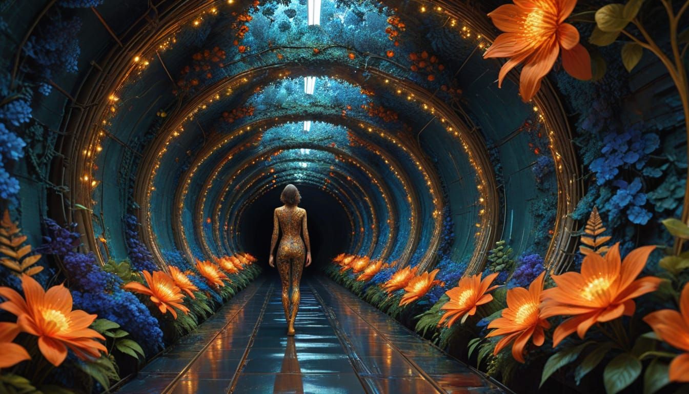 Fractal Tunnel with Floral and Woman Face Patterns