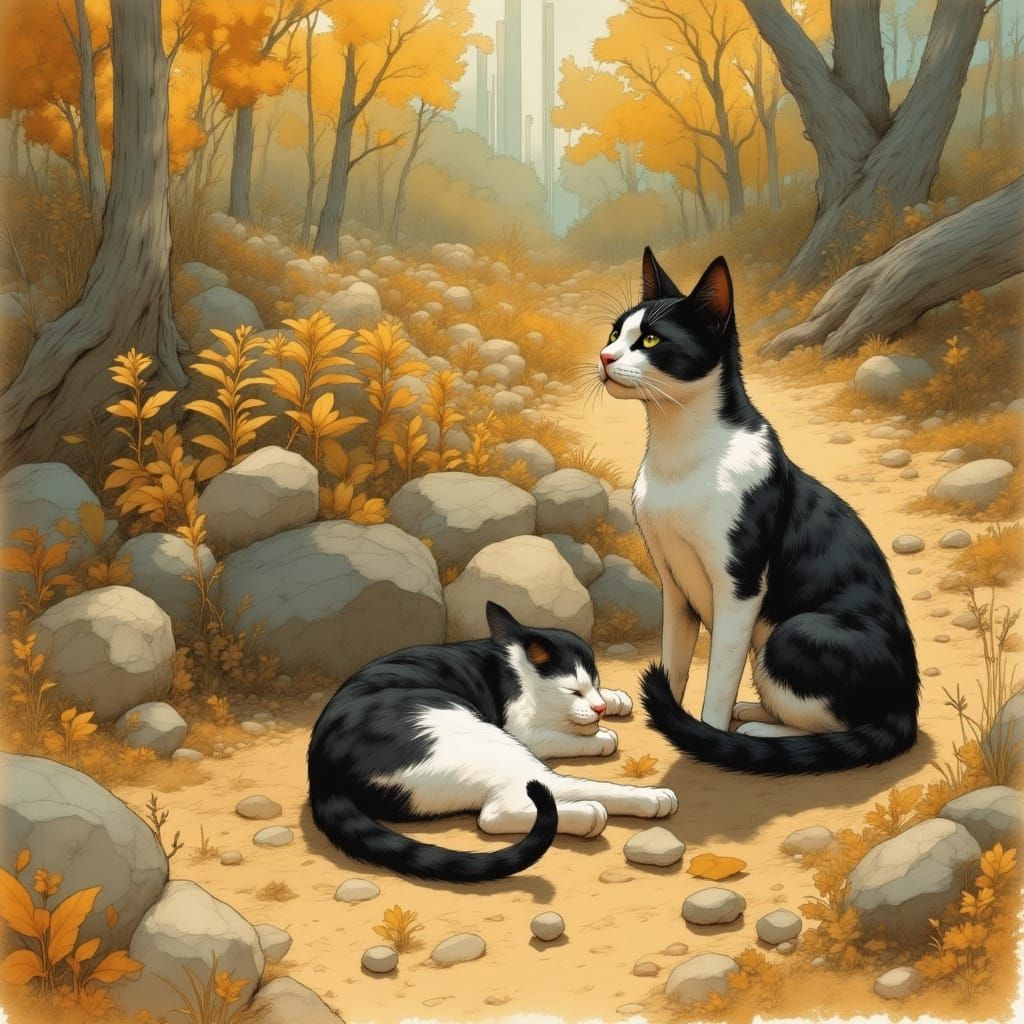 Cats Sleeping: An Impressionistic Scene in Earth Tones