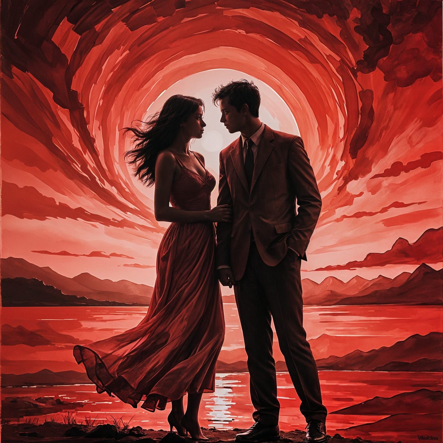 Romantic Lovers Silhouette in Shades of Red