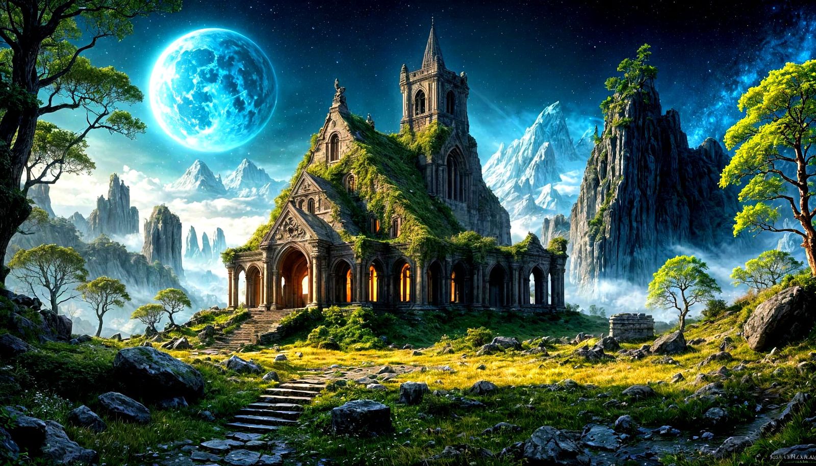 Nebula Over Ancient Elven Ruins: Cosmic Surrealism