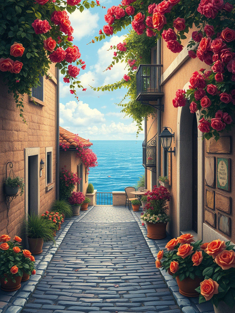 Cozy Cobblestone Street with Sea View in Fantasy Art