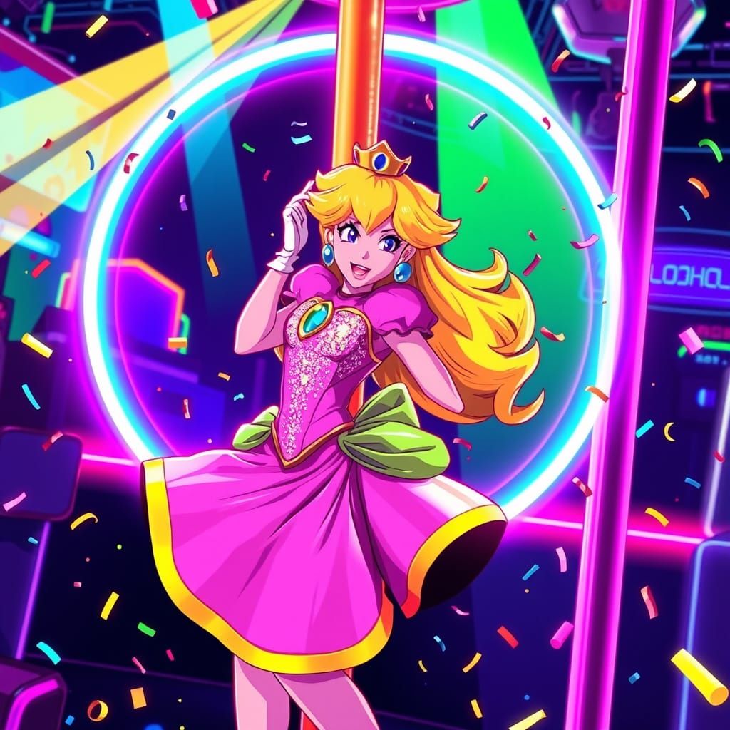 Sultry Princess Peach in Cyberpunk Dance Scene