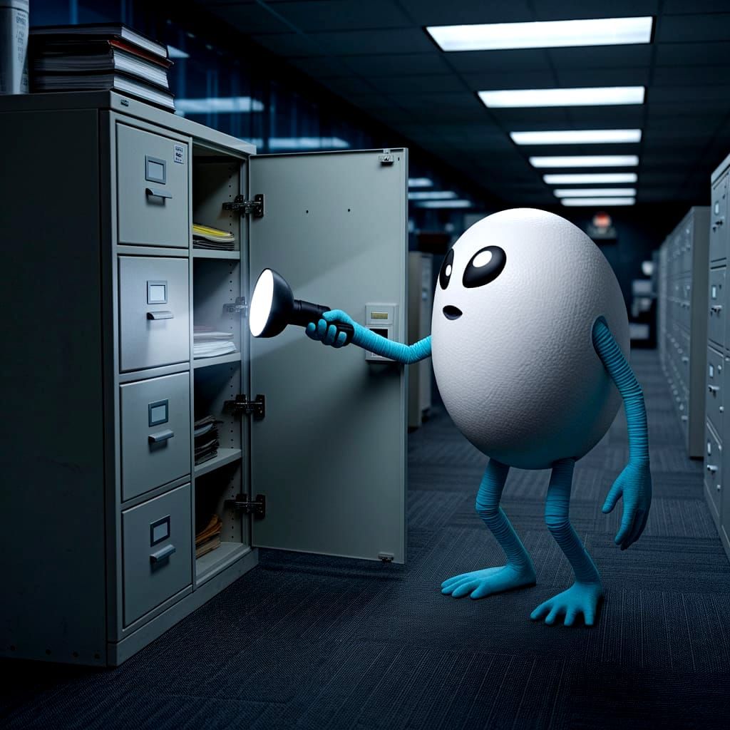 Anthropomorphic Alien Egg Searches Filing Cabinet
