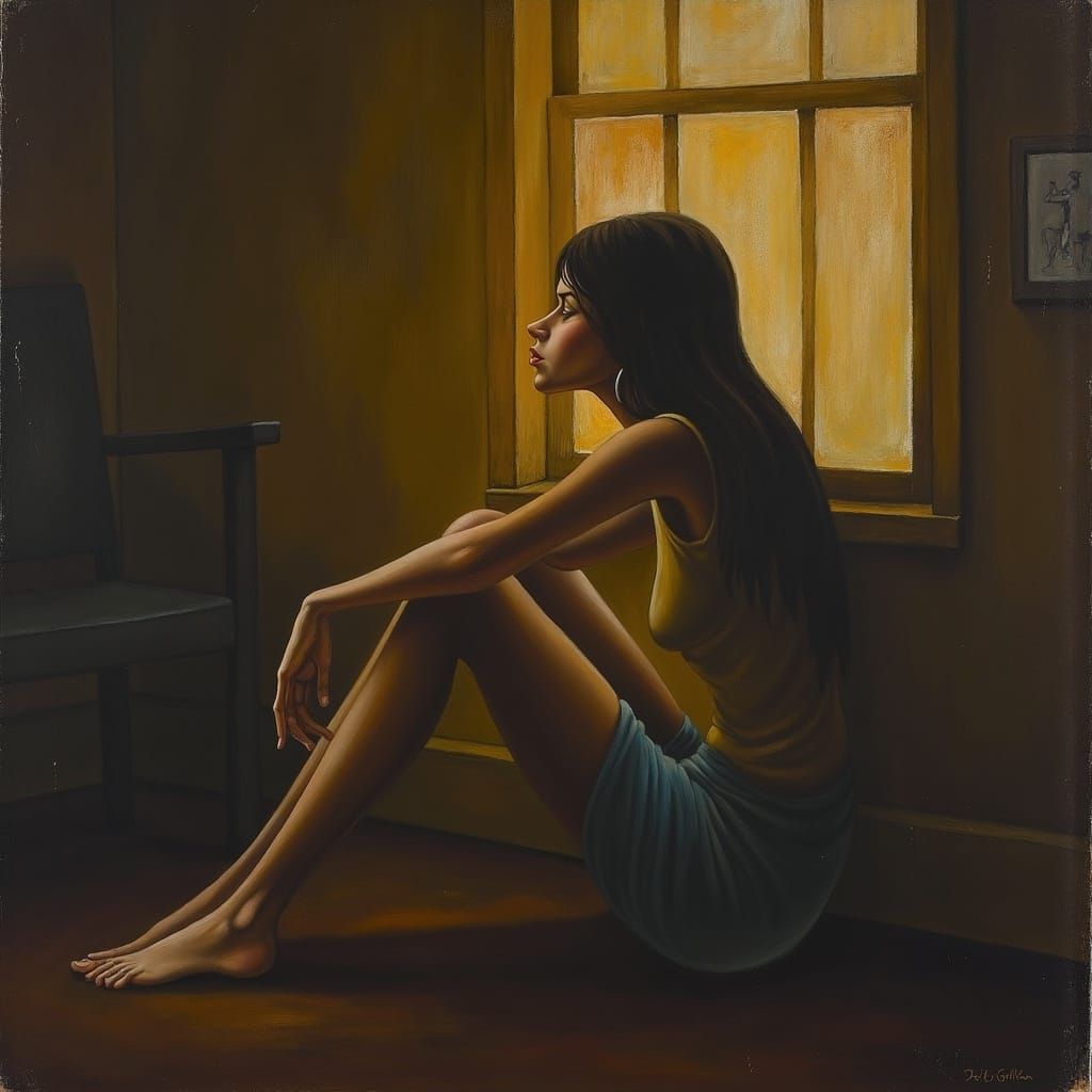 Melancholic Woman in Dim Room: An Evocative Portrait