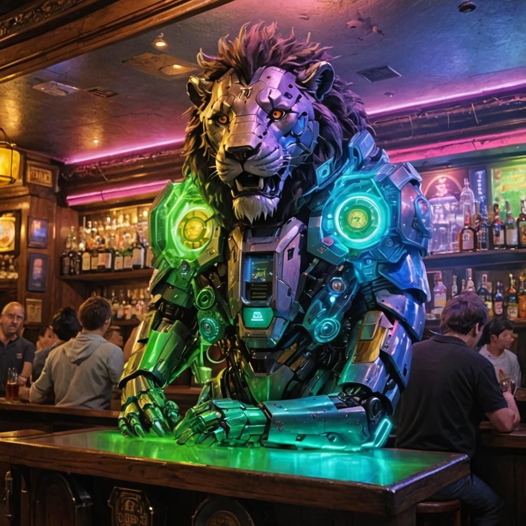 Hyperrealistic Mecha-Lion Orders a Drink at Pub