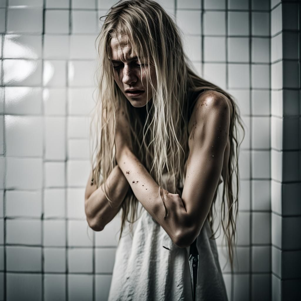 Distressed Woman Cutting Hair: Evocative Portrait