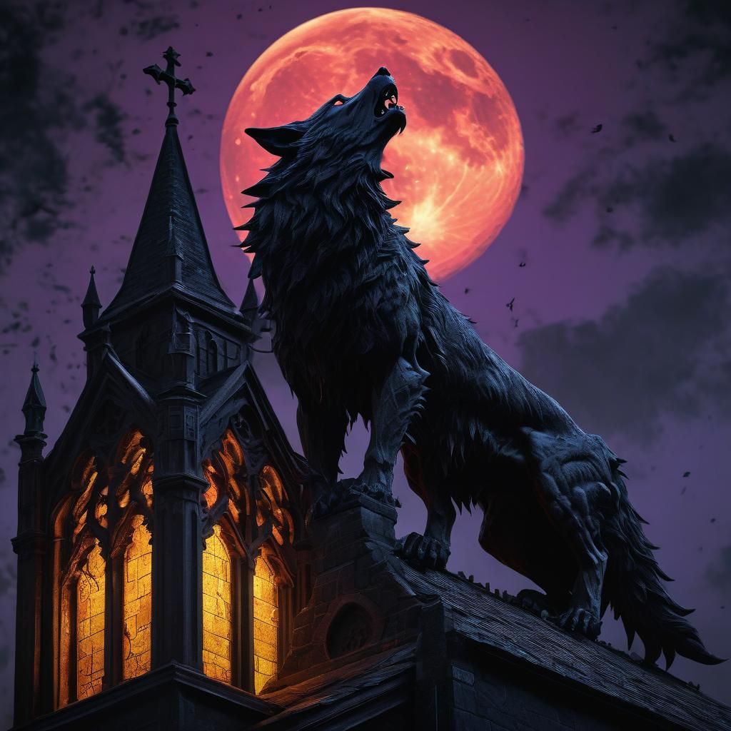 Lycan Howling at Deep Red Moon, Dark Fantasy Art