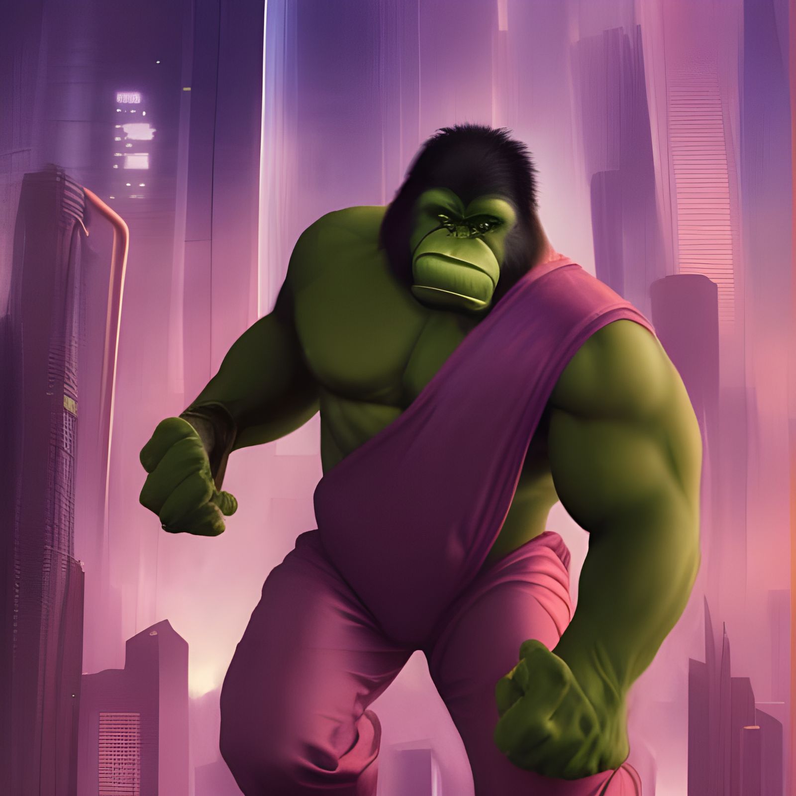 Cyberpunk Orangutan Hulk Roars Over City