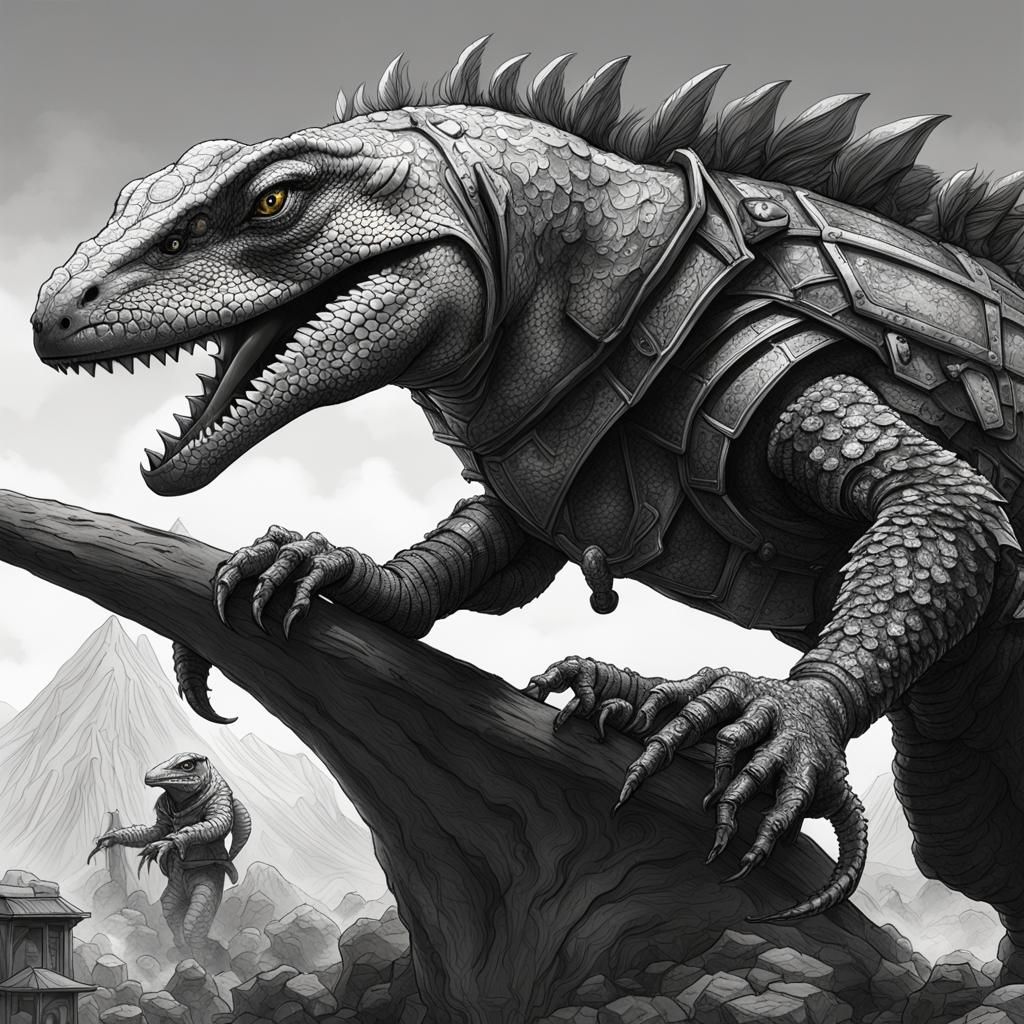 Armored Lizard Rider in Black and White Ink