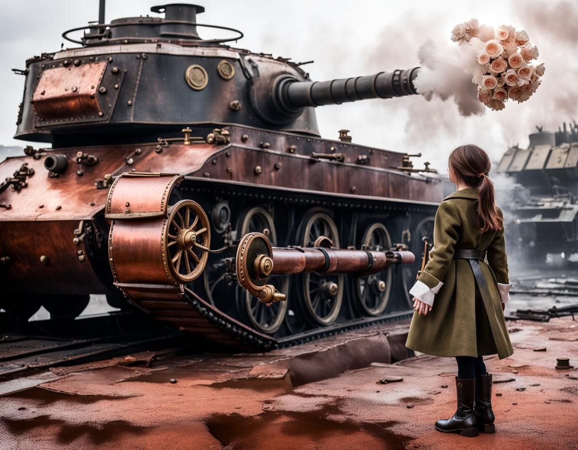 Steampunk Tank and Child with Flower, Cinematic Still