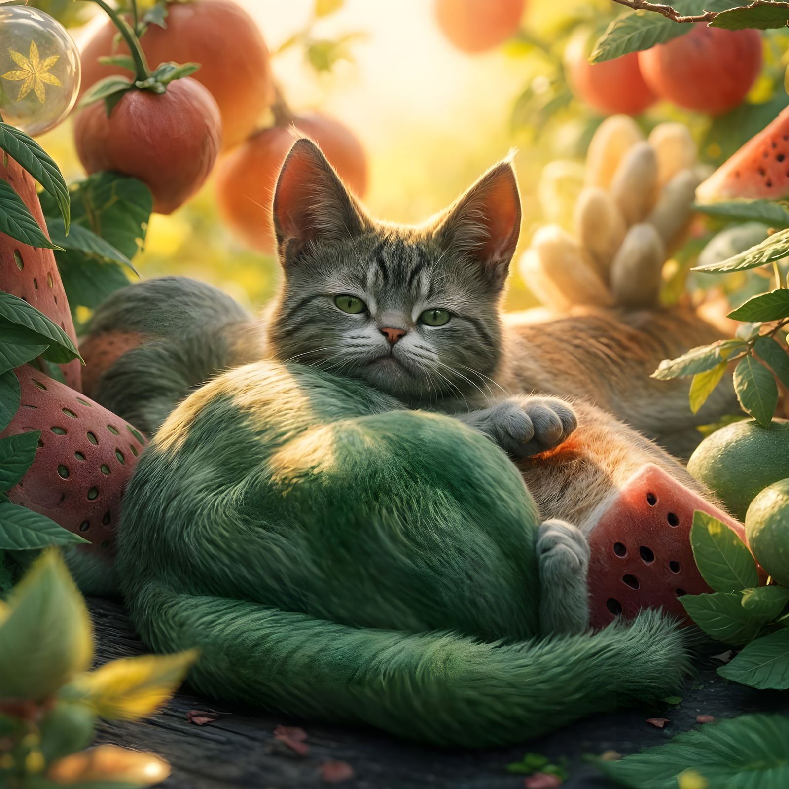 Whimsical Cat-Watermelon Hybrid in Dreamlike Atmosphere