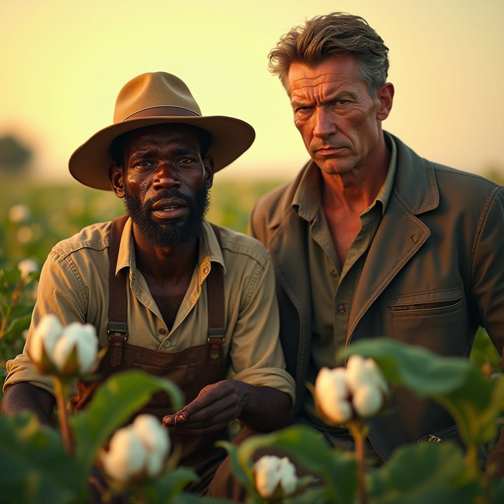 African American Laborer in Cotton Field, Confronted by Disd...
