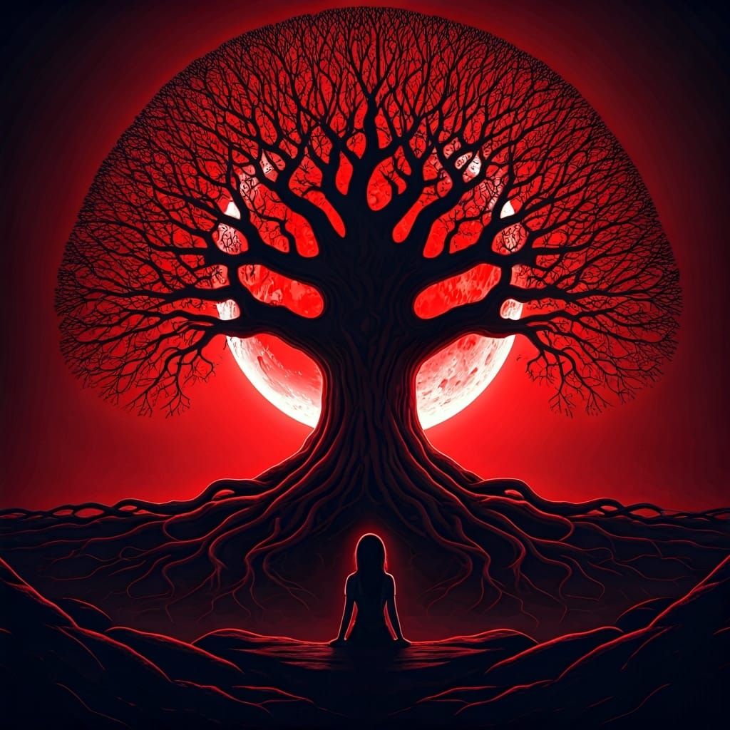 Yggdrasil Silhouette with Red Moon