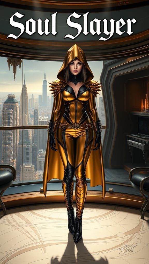 A beautiful female villain, "Soul Slayer", stands in her pen...