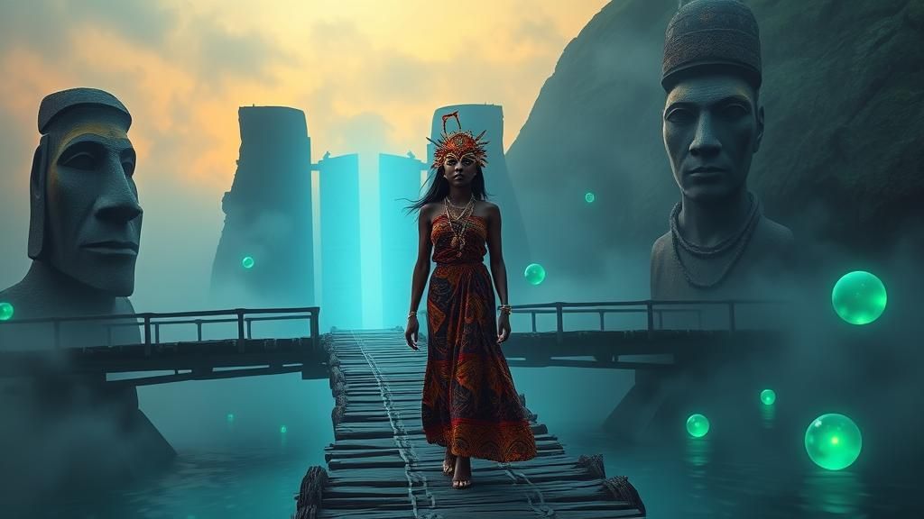 Mystical Bridge Crossing: African Woman and Alien Monk