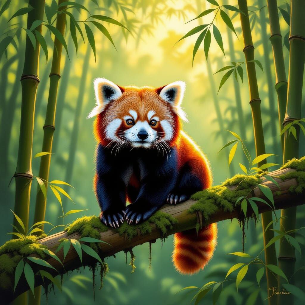 Red Panda in Lush Bamboo Forest Oil Painting
