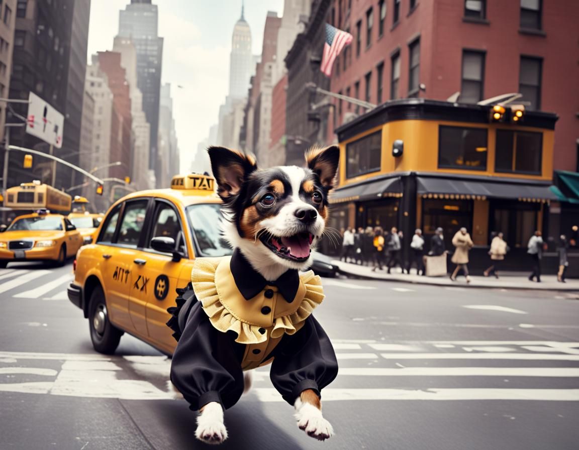 Anthropomorphic Dog Chasing Taxi in New York