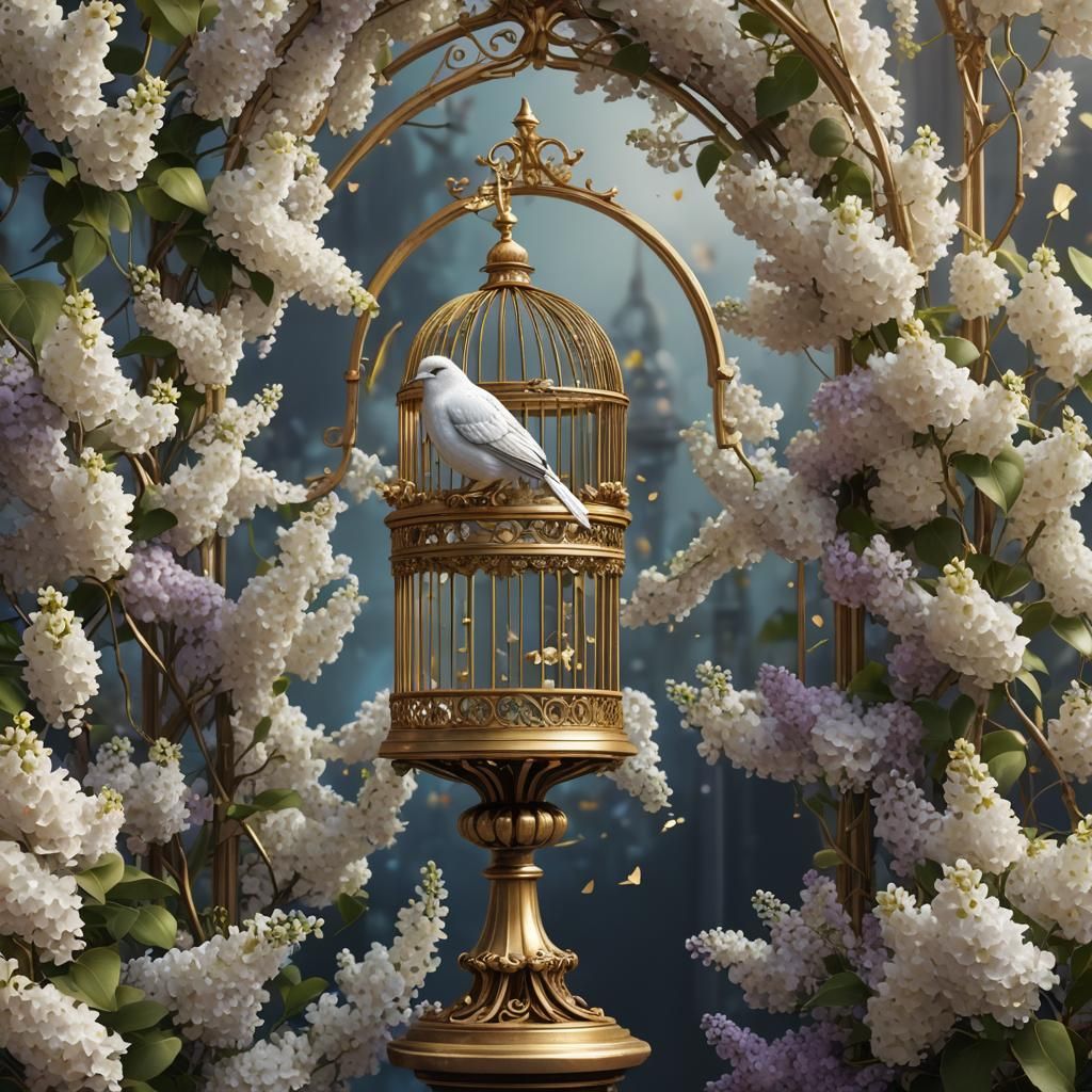 Gold Birdcage with White Lilacs: Fantasy Concept Art