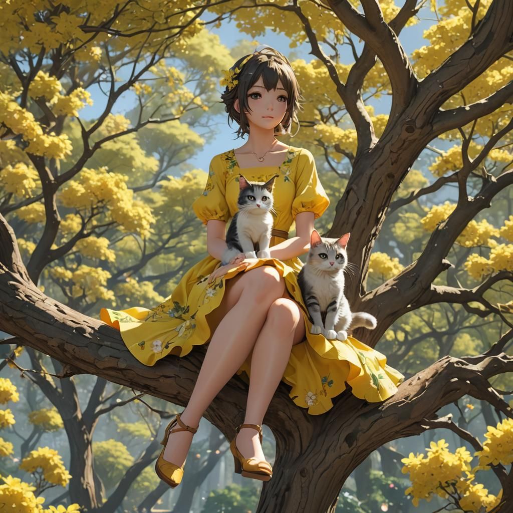 Anime Girl with Cat on Tree Branch