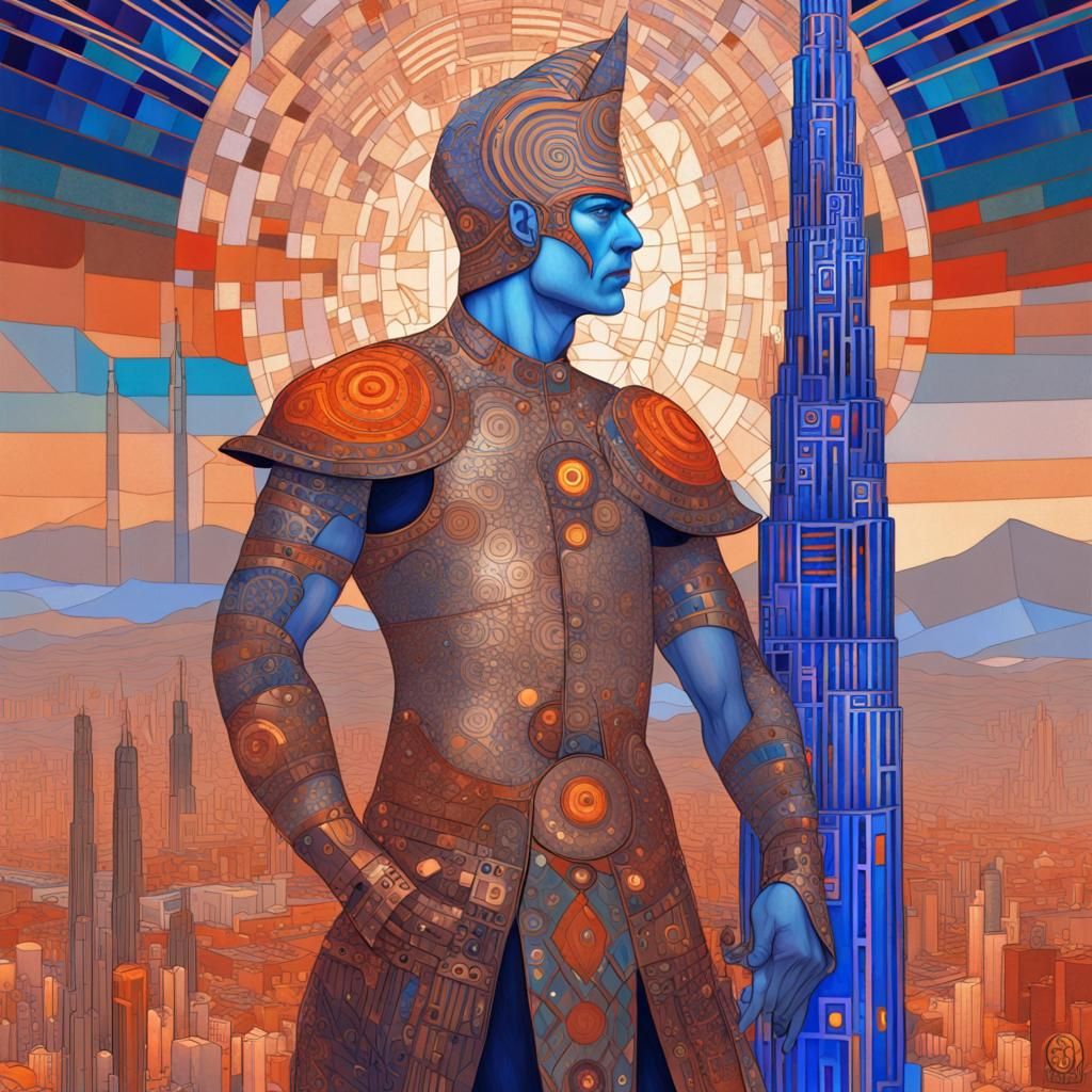 Klimt-Inspired Warrior in a Psychedelic Cityscape