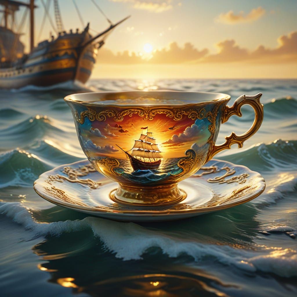 Ship Sailing in Teacup: Surreal Oil Painting