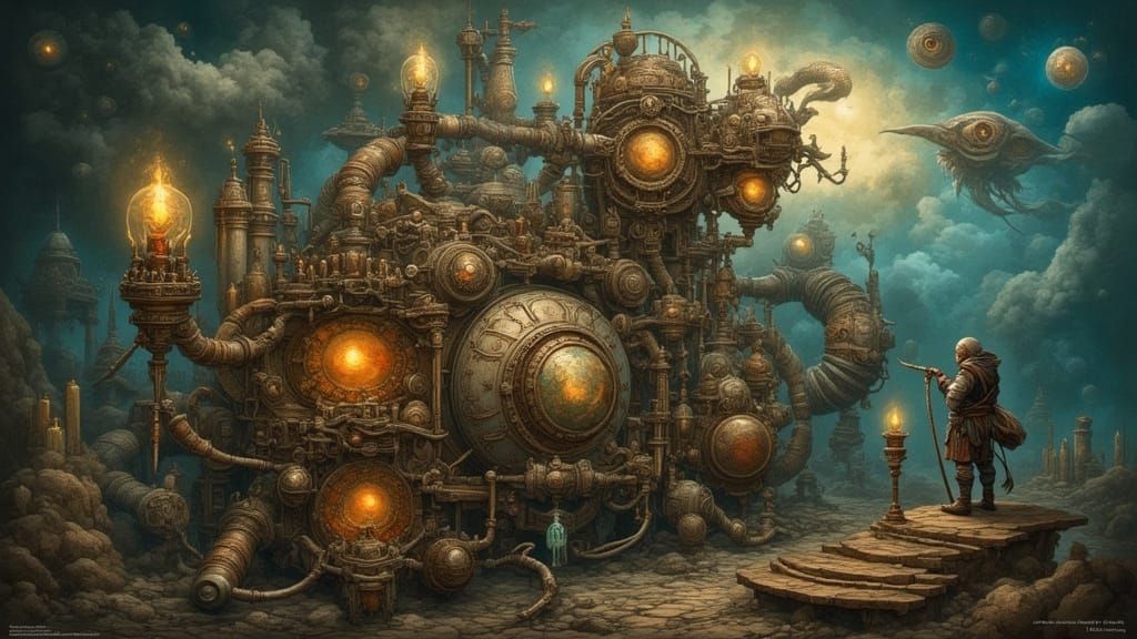 Surreal Steampunk Dream Machine Oil Painting