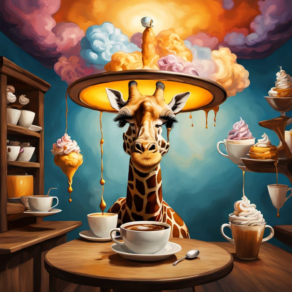 Surreal Coffee Shop Scene with Giraffe Barista and Potted Pl...