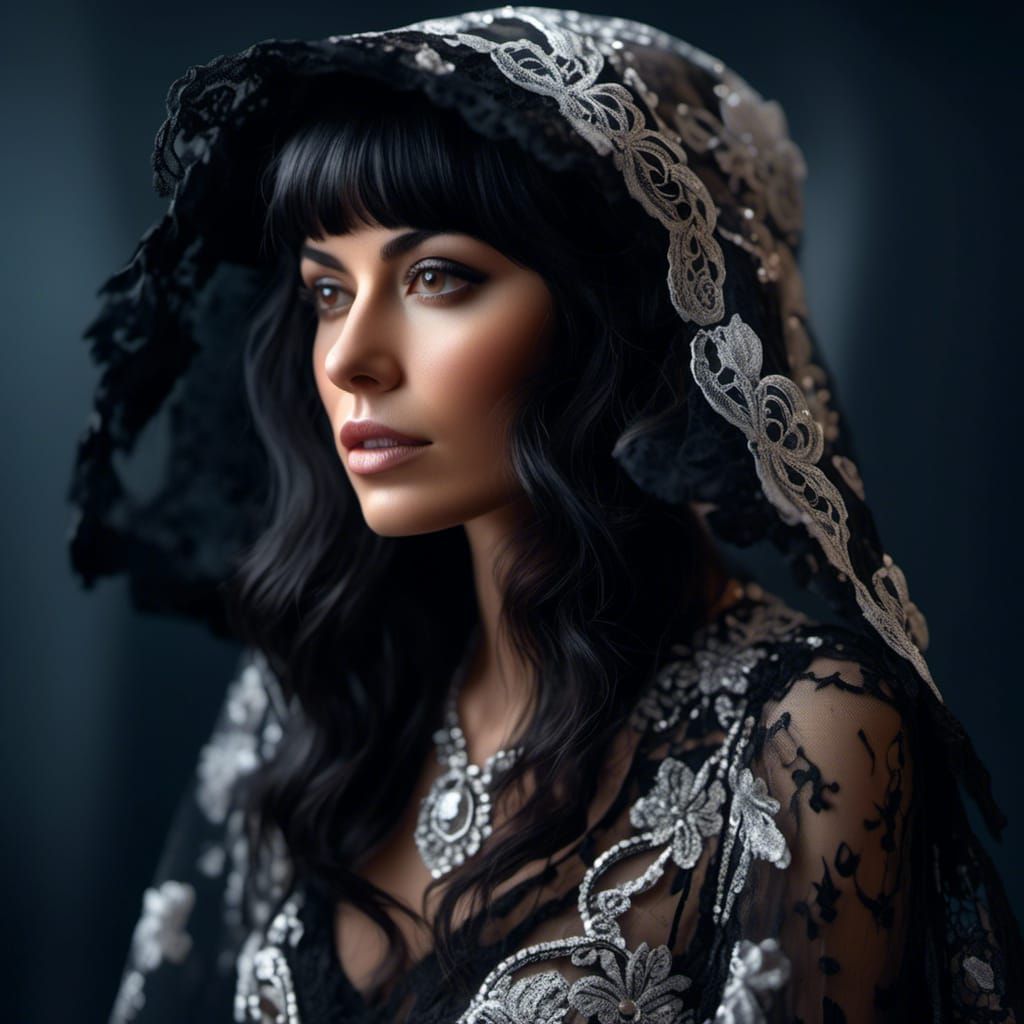 Hyperrealistic Portrait of Spanish Woman in Lace Dress